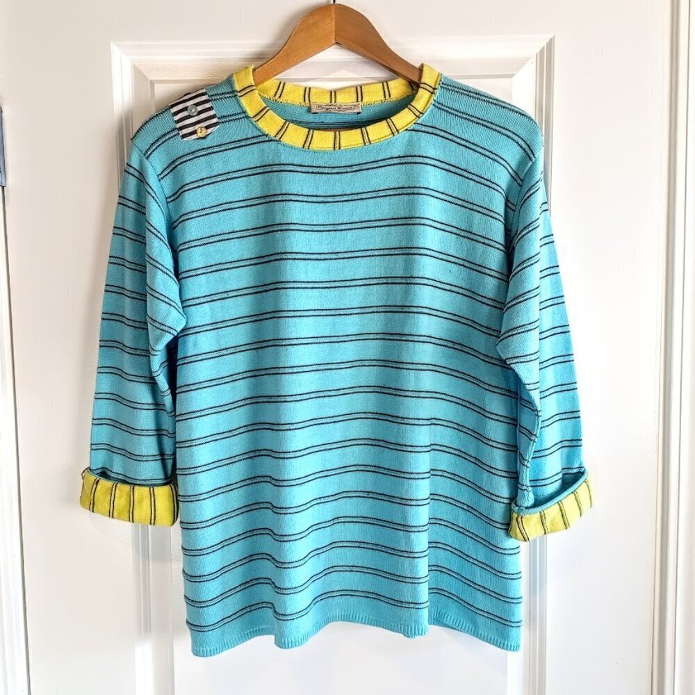 Margaret Winters Blue Yellow Striped Cotton Cuffed Tee NWT